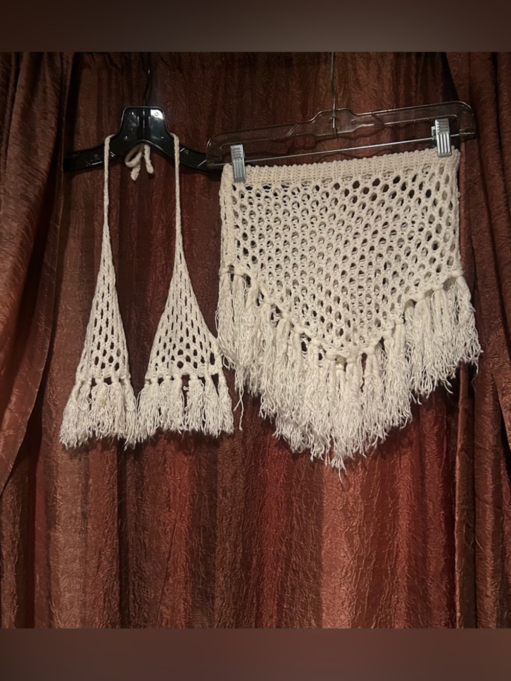 Handmade Crochet Fringe Bikini Top and Skirt Set - white